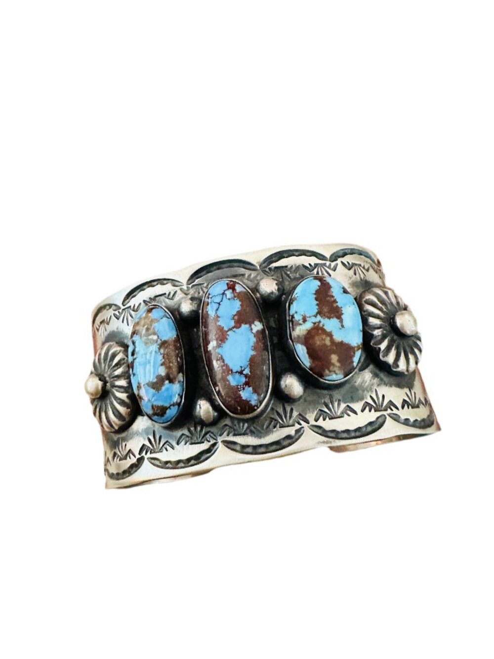 Handcrafted Sterling Silver & Golden Hills Turquoise Cuff Bracelet by Chimney Bu - Picture 7 of 7